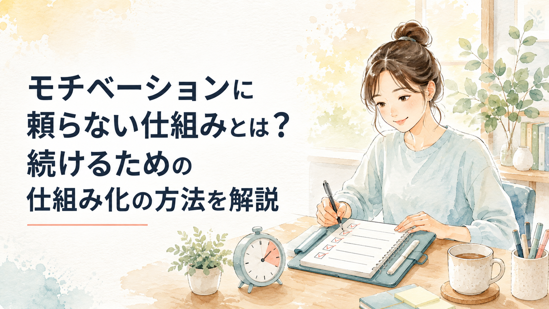 仕事や勉強を気合いではなく時計やチェックリストを使って無理なく始める大人の女性、明るく親しみやすいコミック風